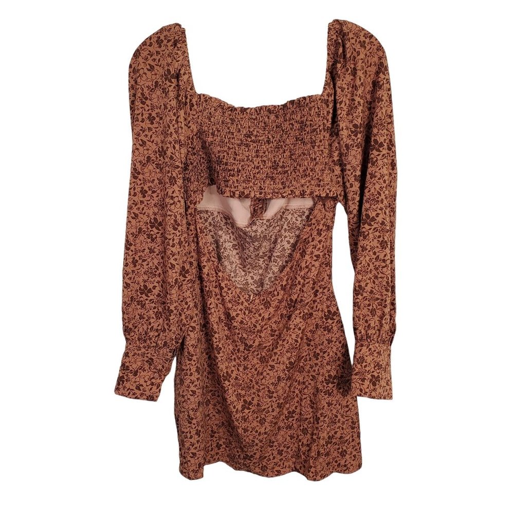 Lush NWT Size L Dress Mini Smocked Cutout Back Puff Sleeve Woodland Floral Rust - Picture 3 of 11